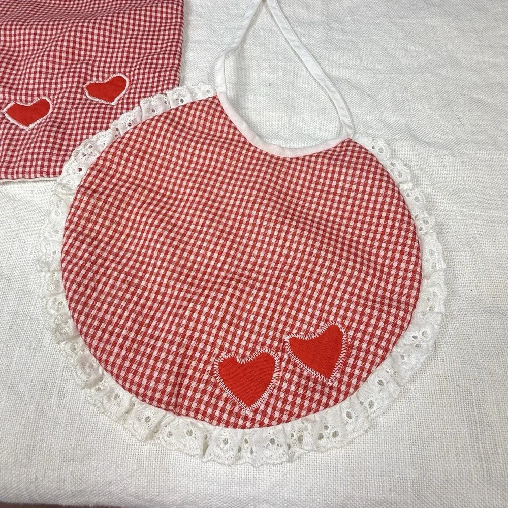 Vintage Handmade Red Gingham Baby Bib Lot Hearts Eyelet Lace Snap Tie Primitive